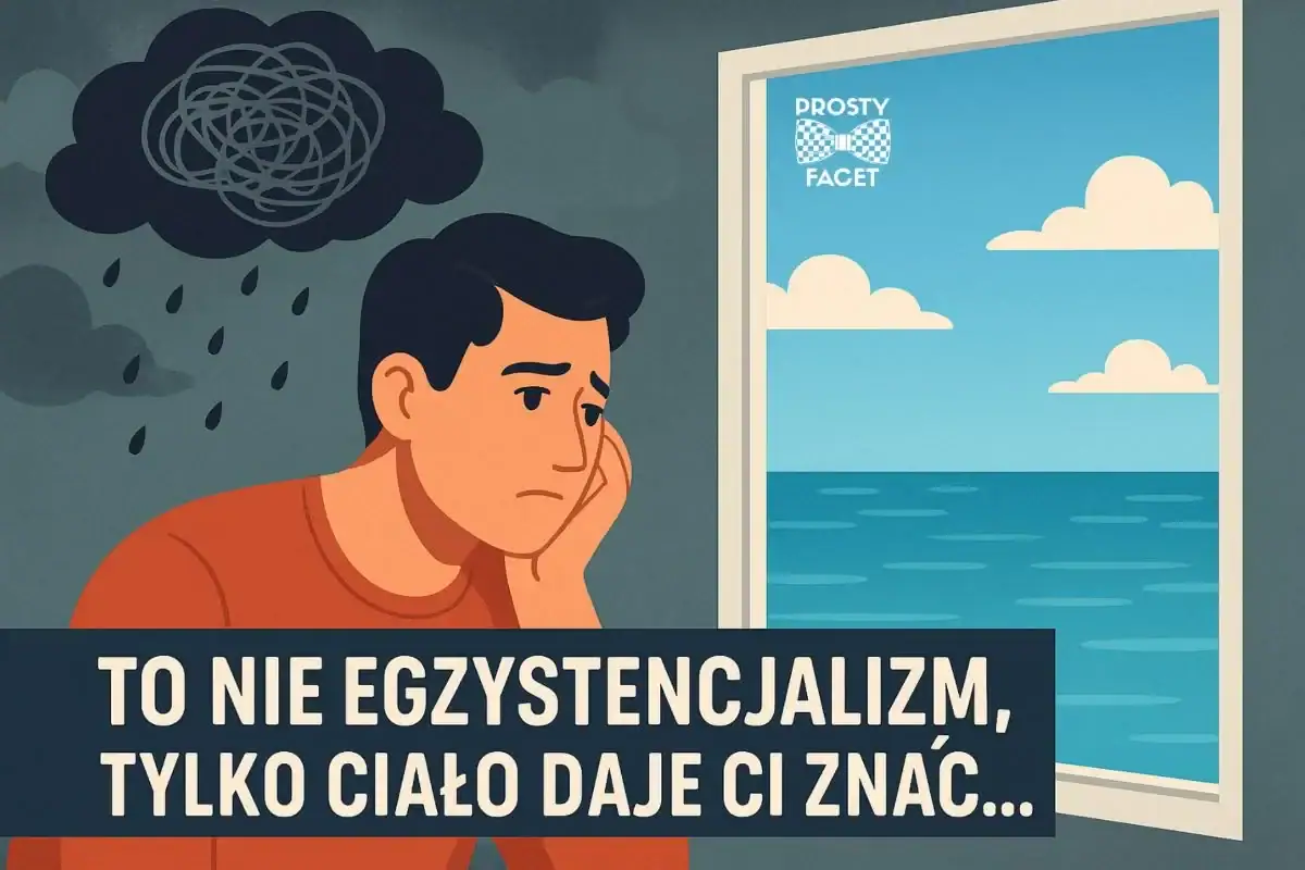 Ilustracja przedstawiająca zamyślonego mężczyznę z chmurą symbolizującą mętlik nad głową, siedzącego w pomieszczeniu. Za oknem widać piękne błękitne niebo i spokojne morze – kontrastujące z jego stanem wewnętrznym.