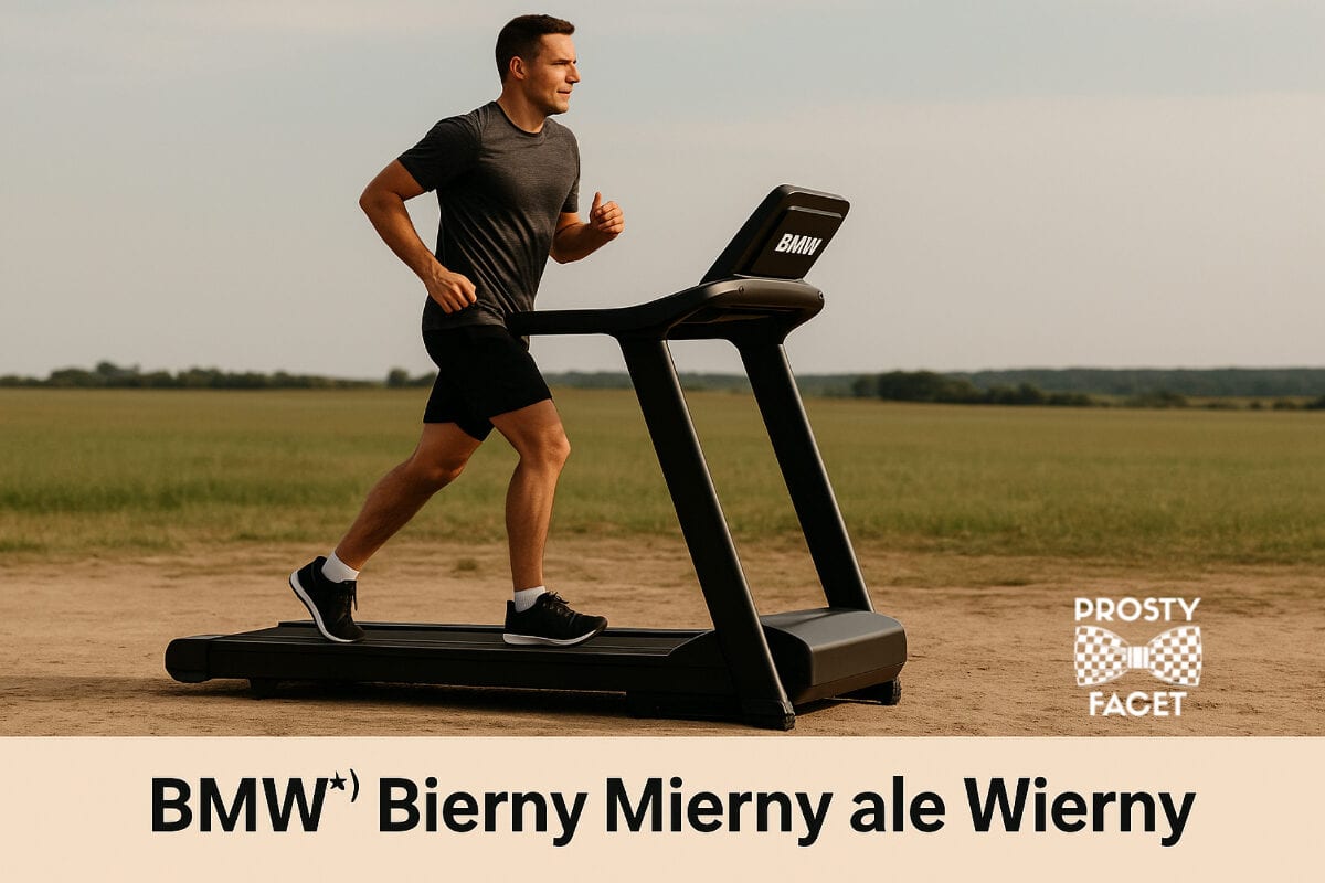 Mężczyzna biegnący na bieżni ustawionej na środku pustego pola – w tle widać daleki horyzont, ale on się do niego nie zbliża. Na wyświetlaczu bieżni napis „Consistent… but stuck”.