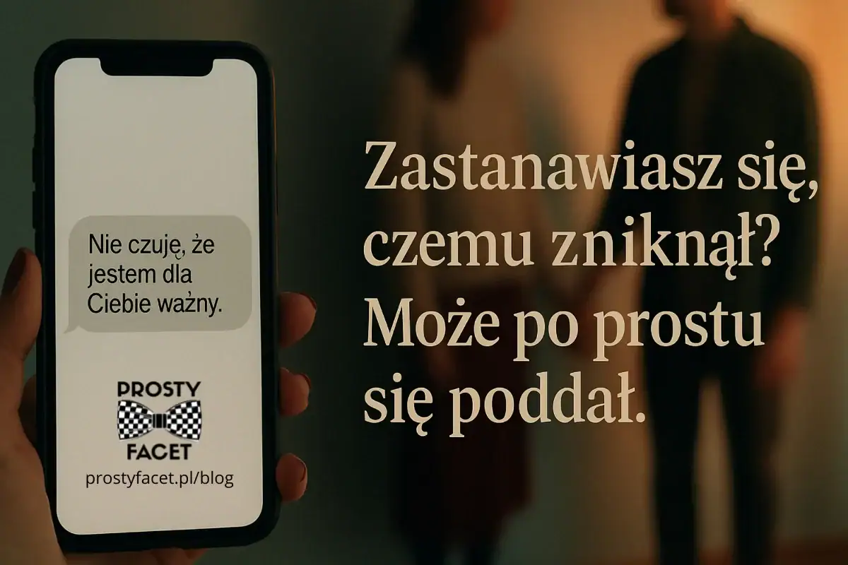 Kadr z perspektywy kobiety – w jej dłoniach telefon z wiadomością od faceta: „Nie czuję, że jestem dla Ciebie ważny.” Na drugim planie rozmyta scena z ich wspólnych chwil – raz czułych, raz chłodnych. Tworzy napięcie: „Co zrobiła?” – i zaprasza do kliknięcia, żeby się dowiedzieć.