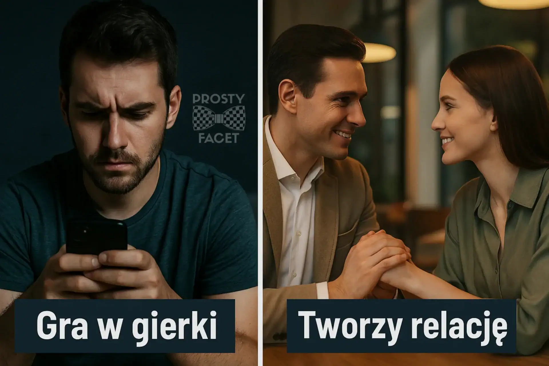 po lewej – chłopiec z telefonem, przeglądający kobiece profile, z zacięciem w twarzy po prawej – dojrzały mężczyzna przy stole z partnerką, trzyma ją za rękę, patrzy w oczy Napisy: „Gra w gierki” vs „Tworzy relację”